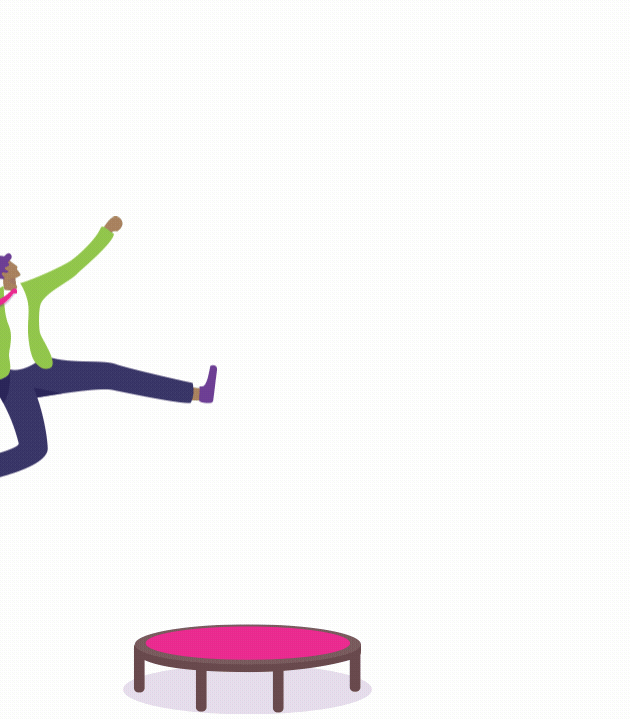A learner bounces off a trampoline, rising along a growing bar chart.