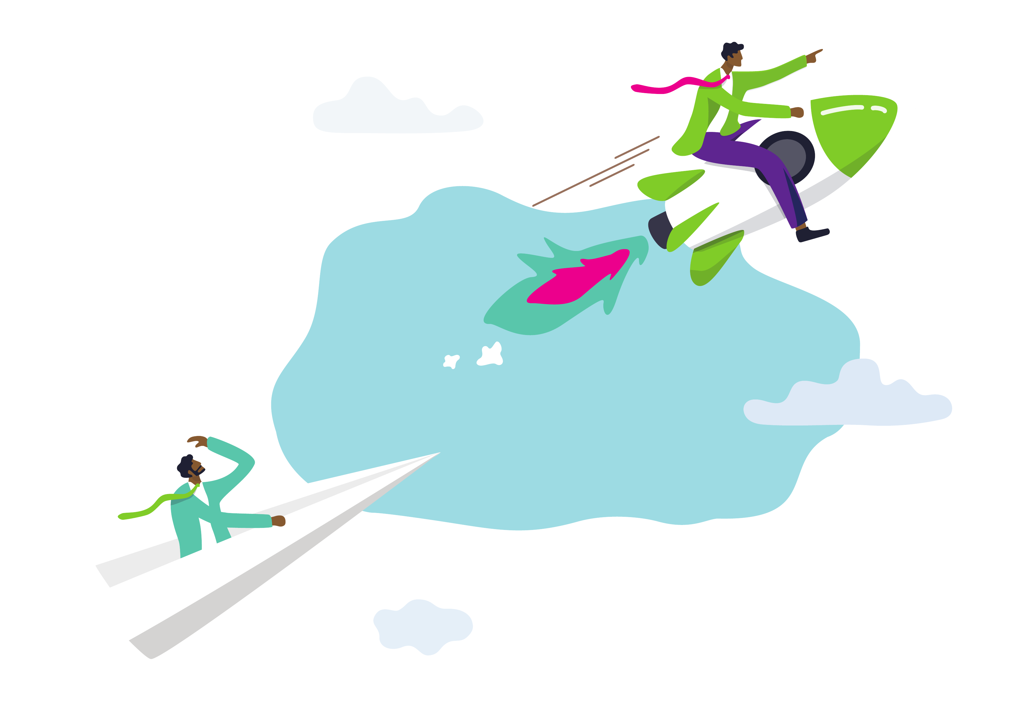 A learner rides a rocket streaking upward through the clouds, pointing ahead, while a friend below looks up and waves.