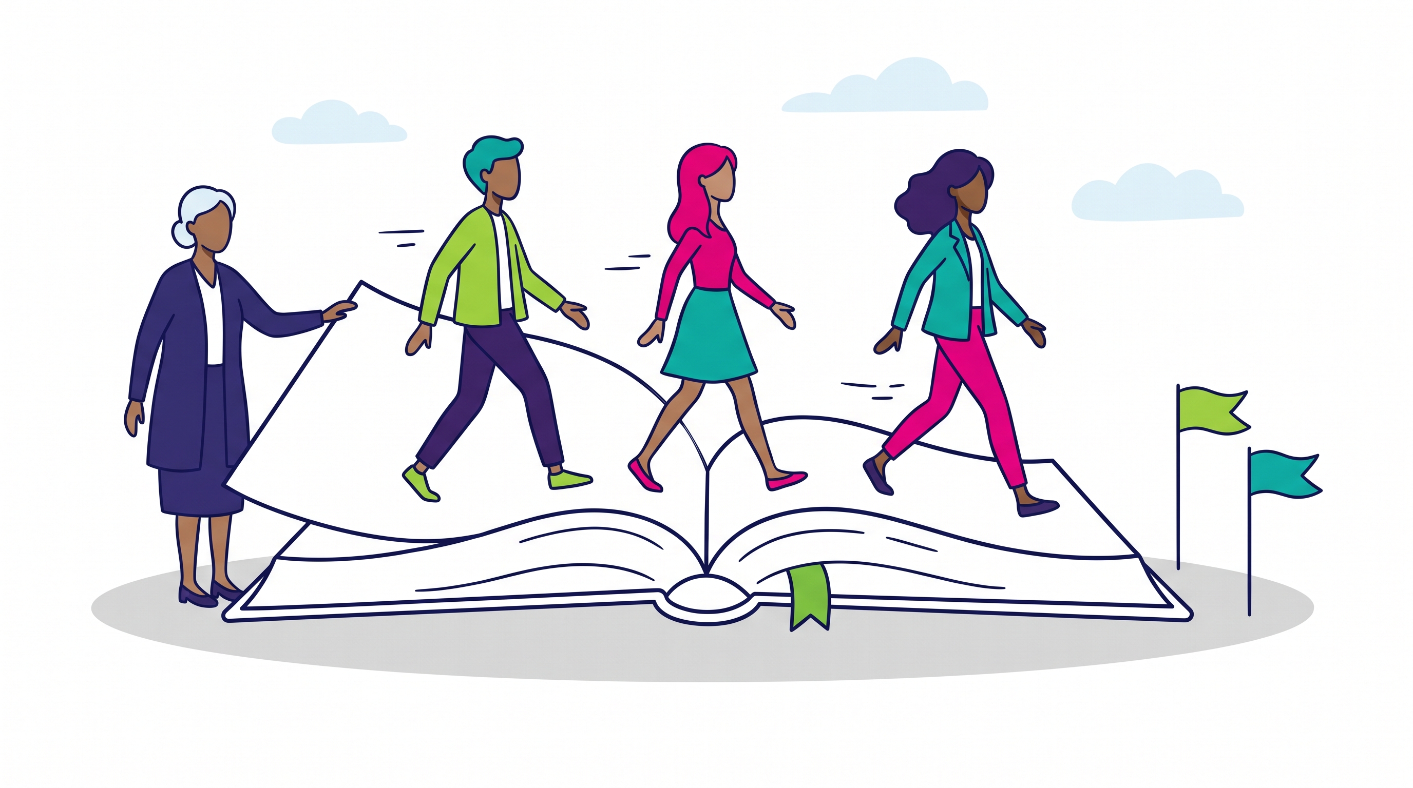 Learners walk out of a giant open book towards flags in the distance, a teacher holding the book open.